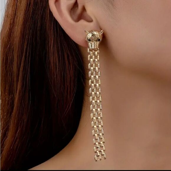 Leopard Gold Plated Dangle Earrings - Picture 1 of 6